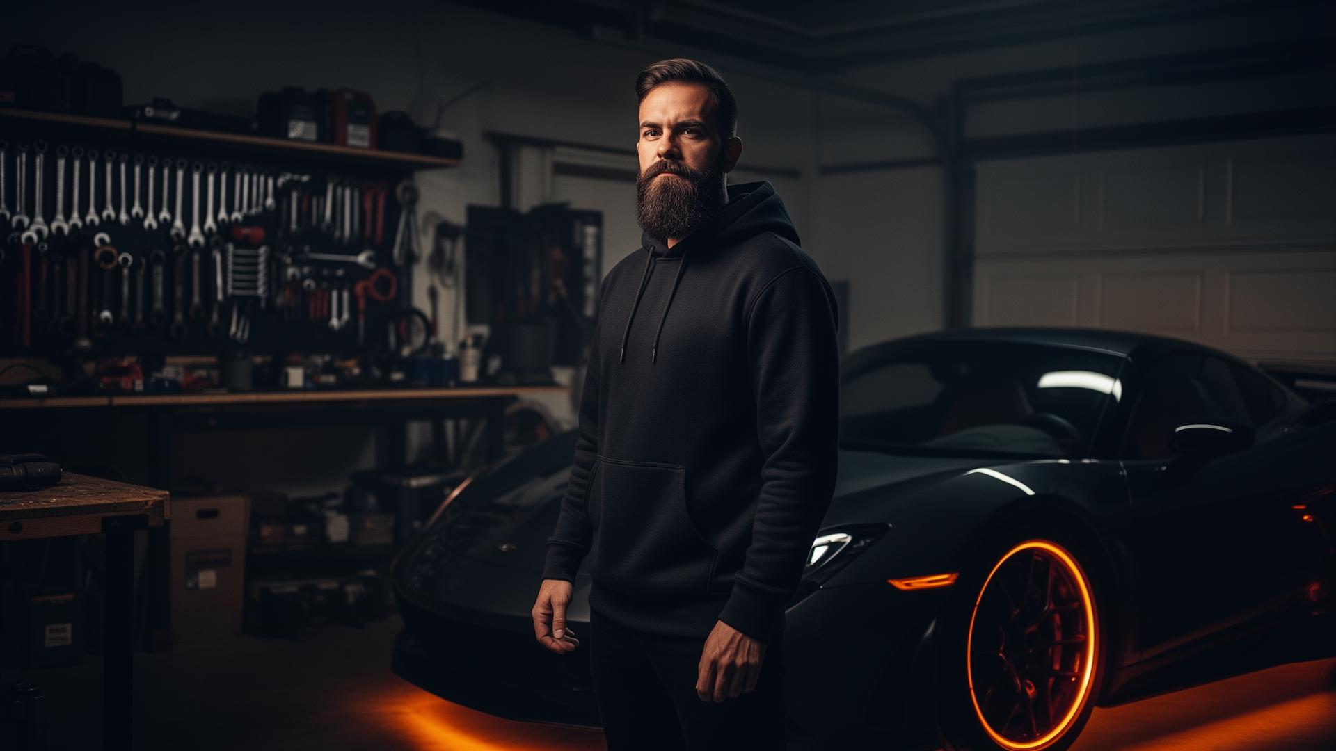 Mann in der Garage mit Sportwagen